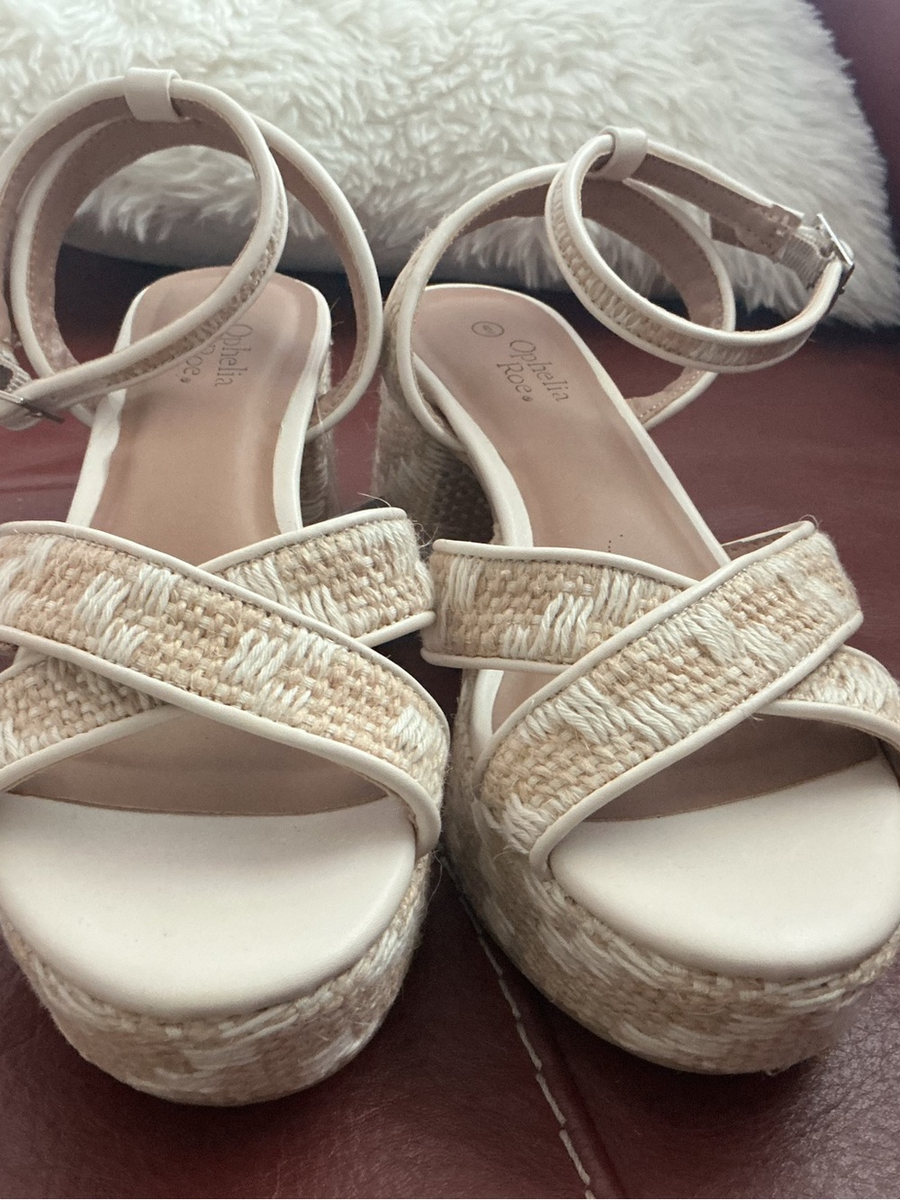 Beige Woven Platform Sandals by Ophelia Roe with Ankle Strap